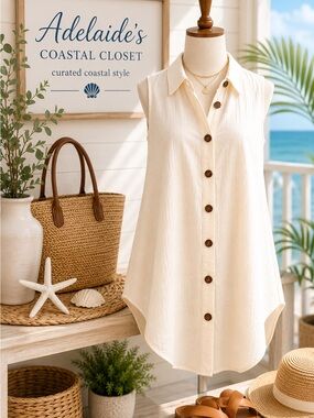 Coastal Ivory Tunic Top Button Front & Back Sleeveless Top Medium